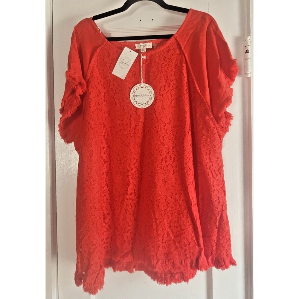 NWT UMGEE lace tunic top frayed hem sleeves red womens 2XL Linen cotton blend